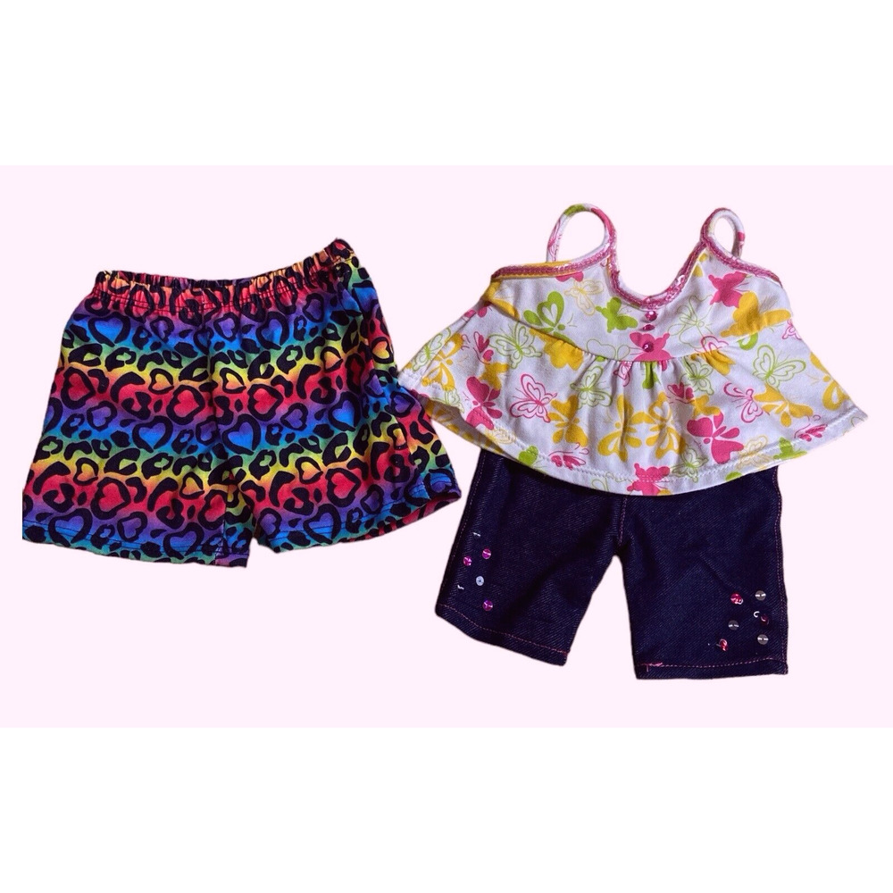Build A Bear Butterfly Tank Rainbow Heart and Denim Sequin Shorts Outfit